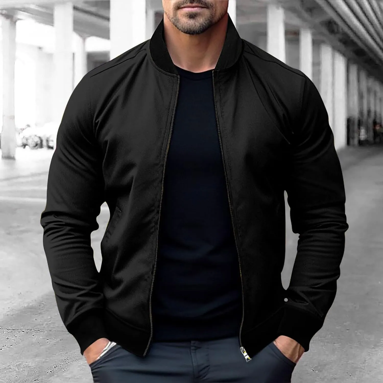 Stand Collar Bomber Jacket for Men Full Zipper Crop Coat Elastic Long Sleeve Outdoor Cardigan Outwear with Pokets