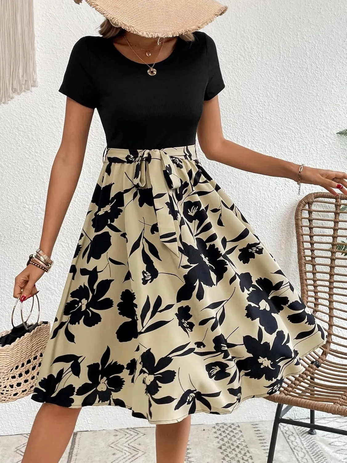 SweatyRocks Women's Graphic Short Sleeve Belted Mini Dress A Line Flared Skater Dresses
