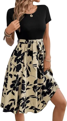 SweatyRocks Women's Graphic Short Sleeve Belted Mini Dress A Line Flared Skater Dresses