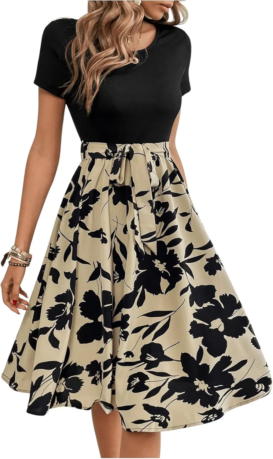 SweatyRocks Women's Graphic Short Sleeve Belted Mini Dress A Line Flared Skater Dresses