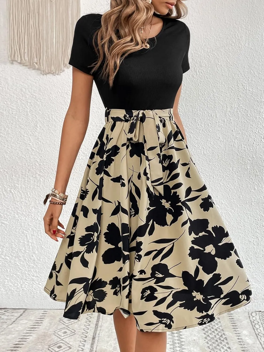 SweatyRocks Women's Graphic Short Sleeve Belted Mini Dress A Line Flared Skater Dresses