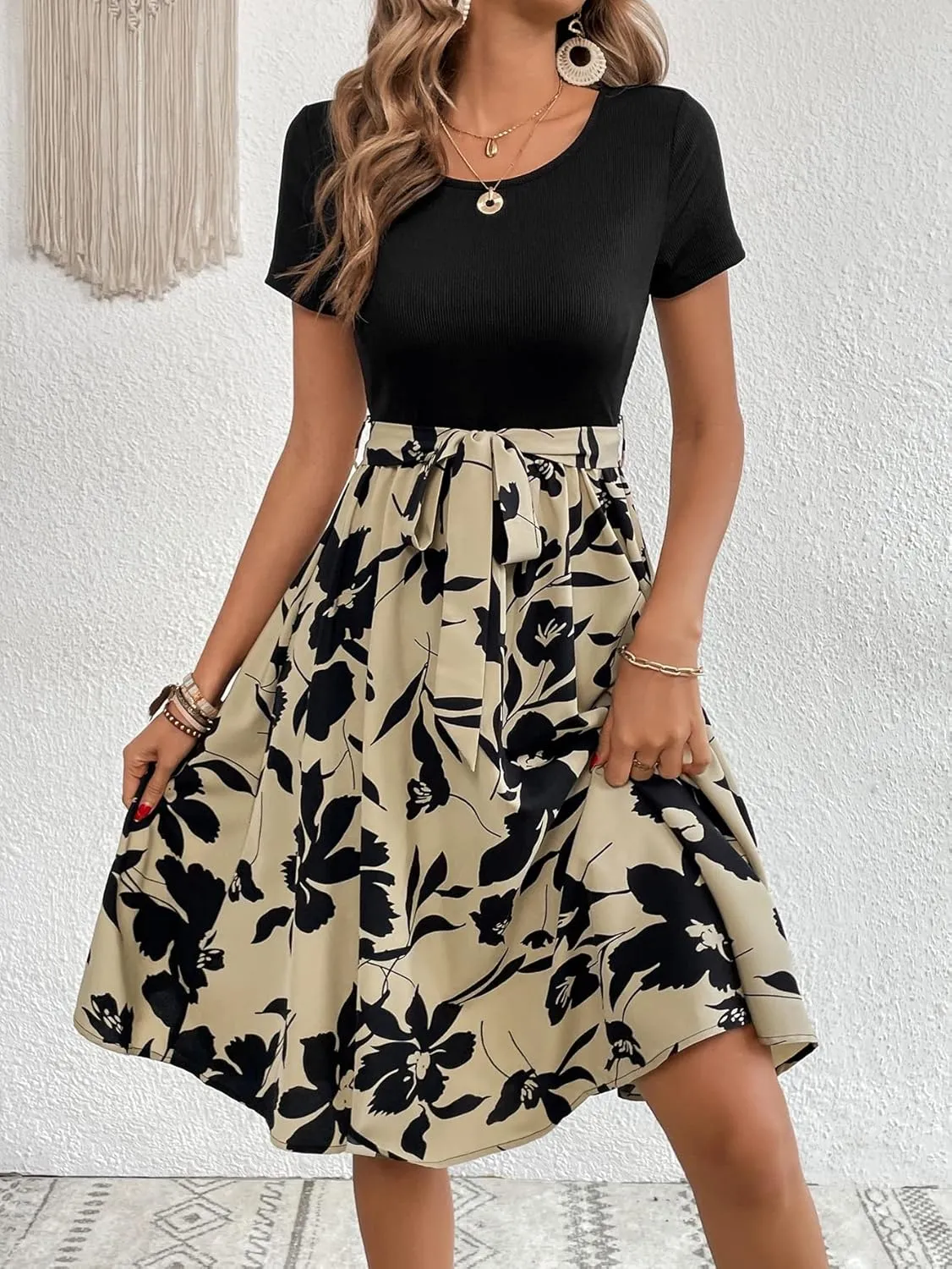 SweatyRocks Women's Graphic Short Sleeve Belted Mini Dress A Line Flared Skater Dresses