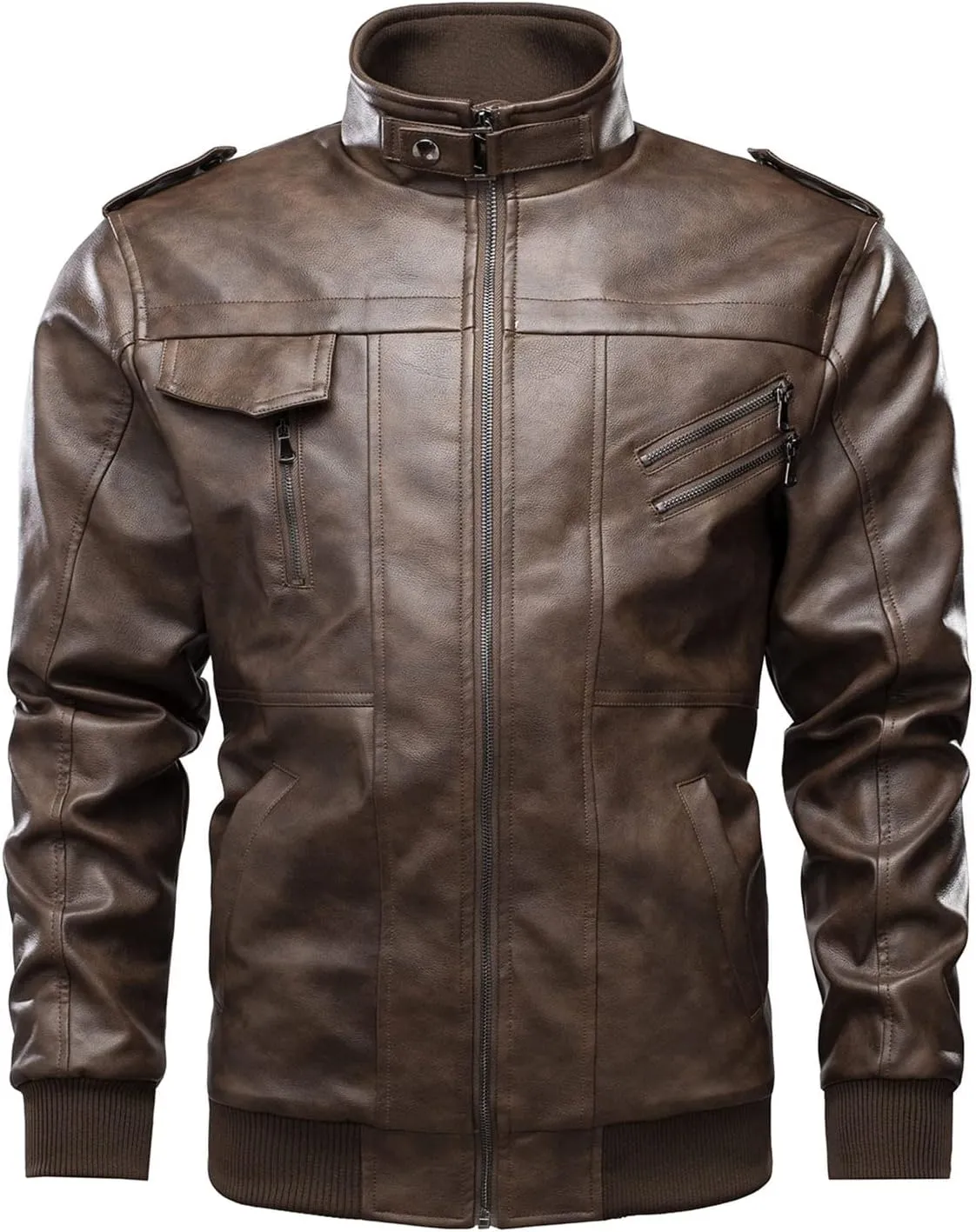 tuduoms Mens Vintage Bomber Jacket, Distressed Leather Thermal Hooded Motorcycle Jacket Casual Zip Up Pockets Anorak Jackets