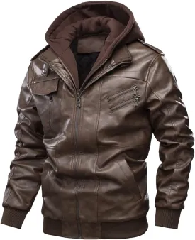 tuduoms Mens Vintage Bomber Jacket, Distressed Leather Thermal Hooded Motorcycle Jacket Casual Zip Up Pockets Anorak Jackets