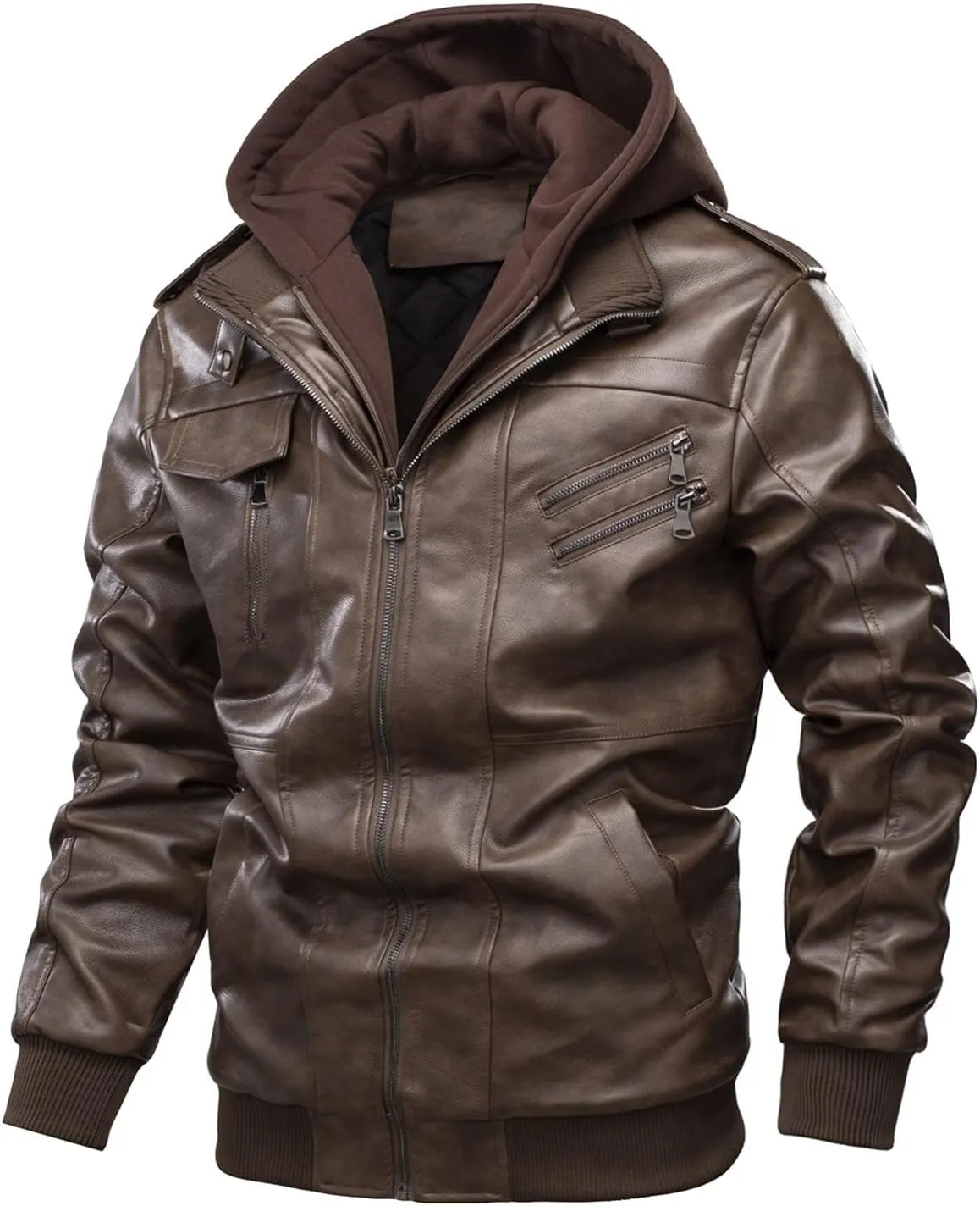 tuduoms Mens Vintage Bomber Jacket, Distressed Leather Thermal Hooded Motorcycle Jacket Casual Zip Up Pockets Anorak Jackets
