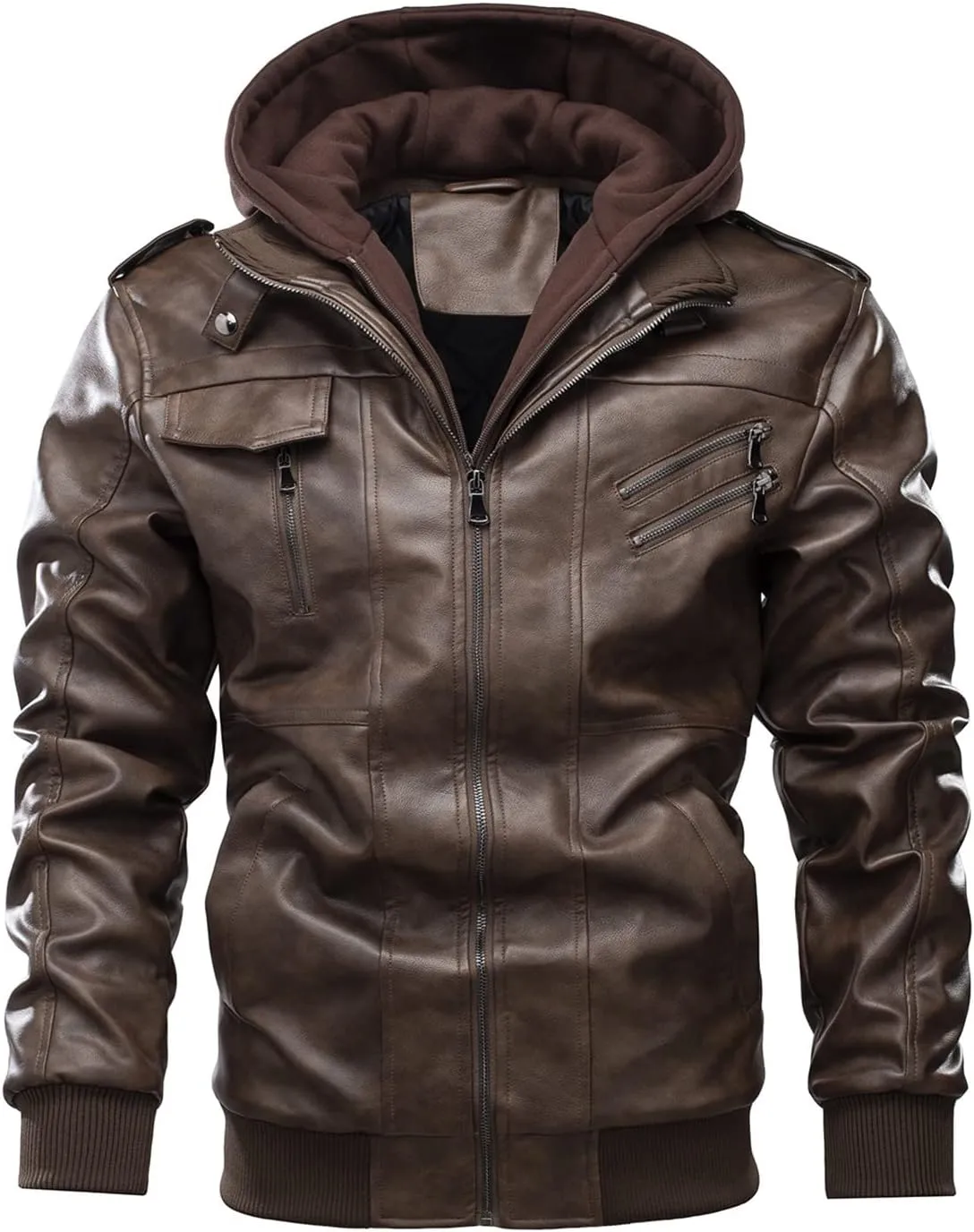 tuduoms Mens Vintage Bomber Jacket, Distressed Leather Thermal Hooded Motorcycle Jacket Casual Zip Up Pockets Anorak Jackets