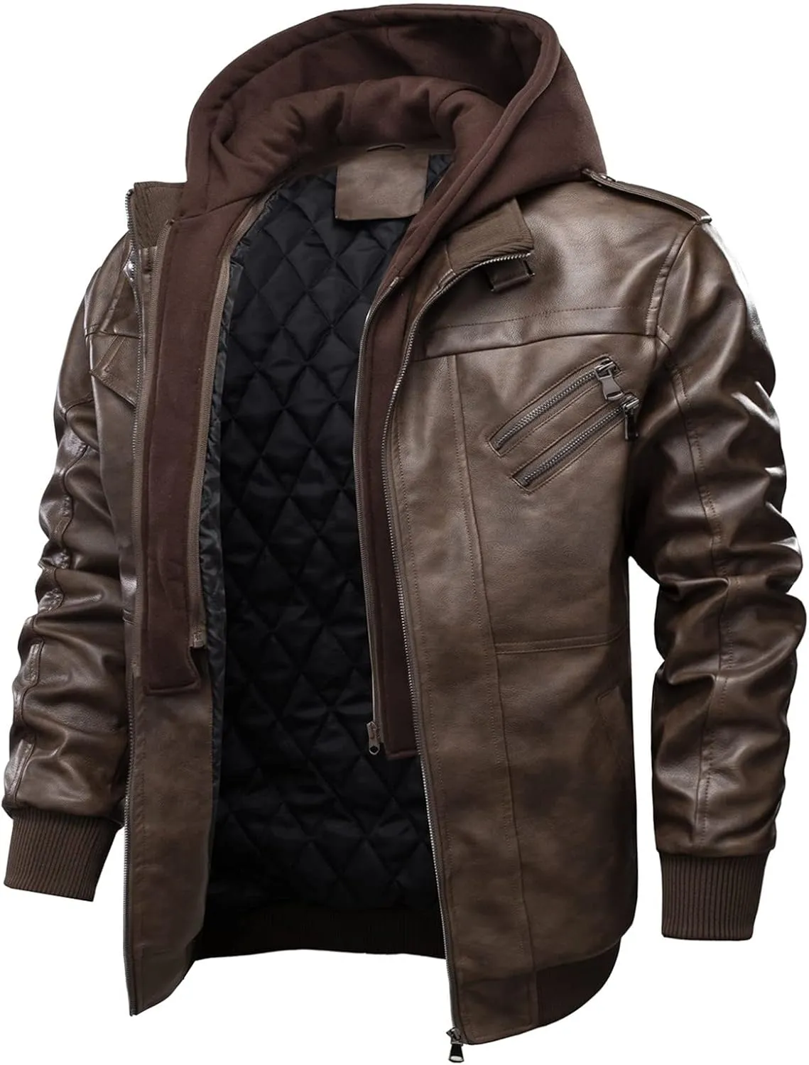 tuduoms Mens Vintage Bomber Jacket, Distressed Leather Thermal Hooded Motorcycle Jacket Casual Zip Up Pockets Anorak Jackets