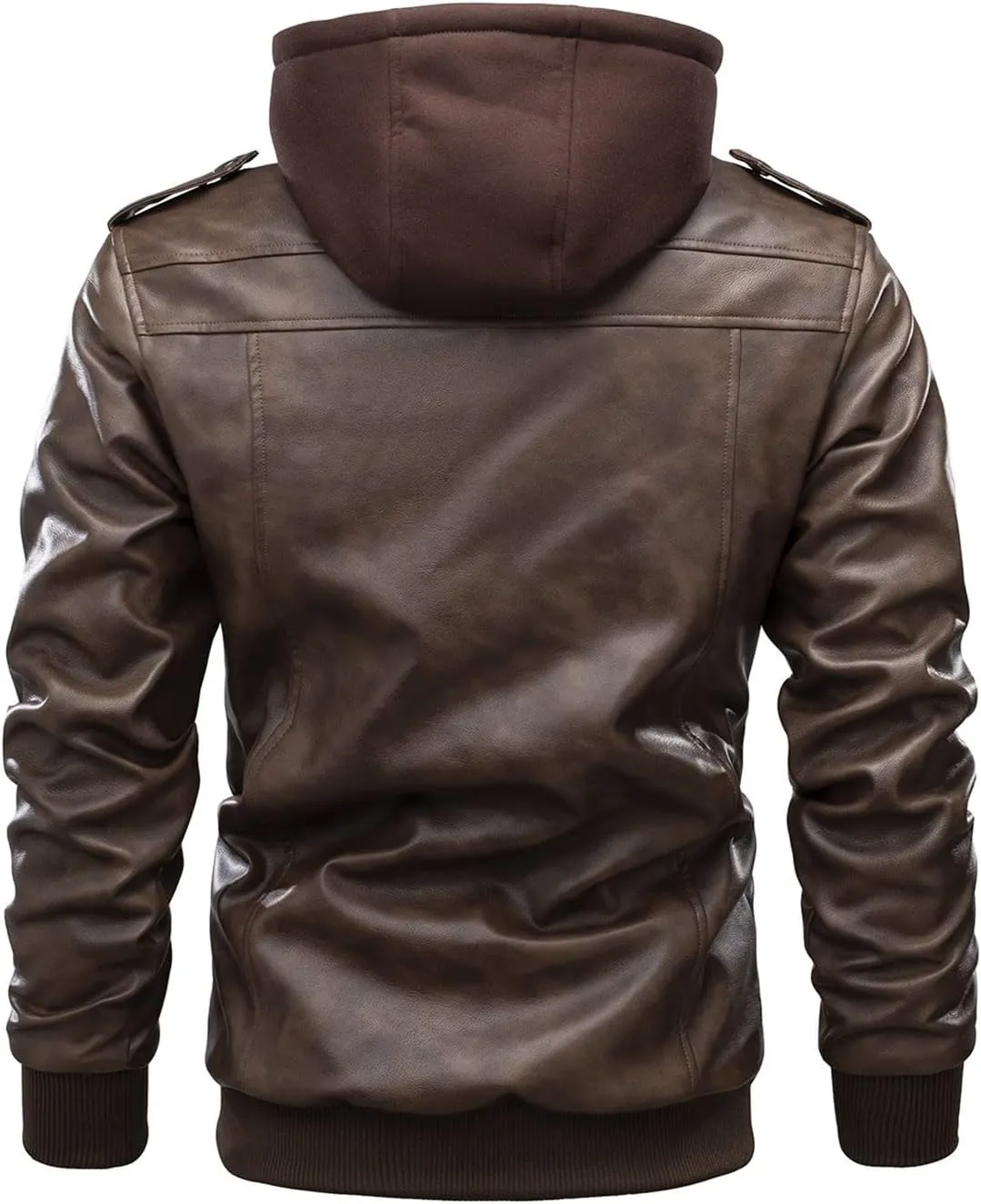 tuduoms Mens Vintage Bomber Jacket, Distressed Leather Thermal Hooded Motorcycle Jacket Casual Zip Up Pockets Anorak Jackets