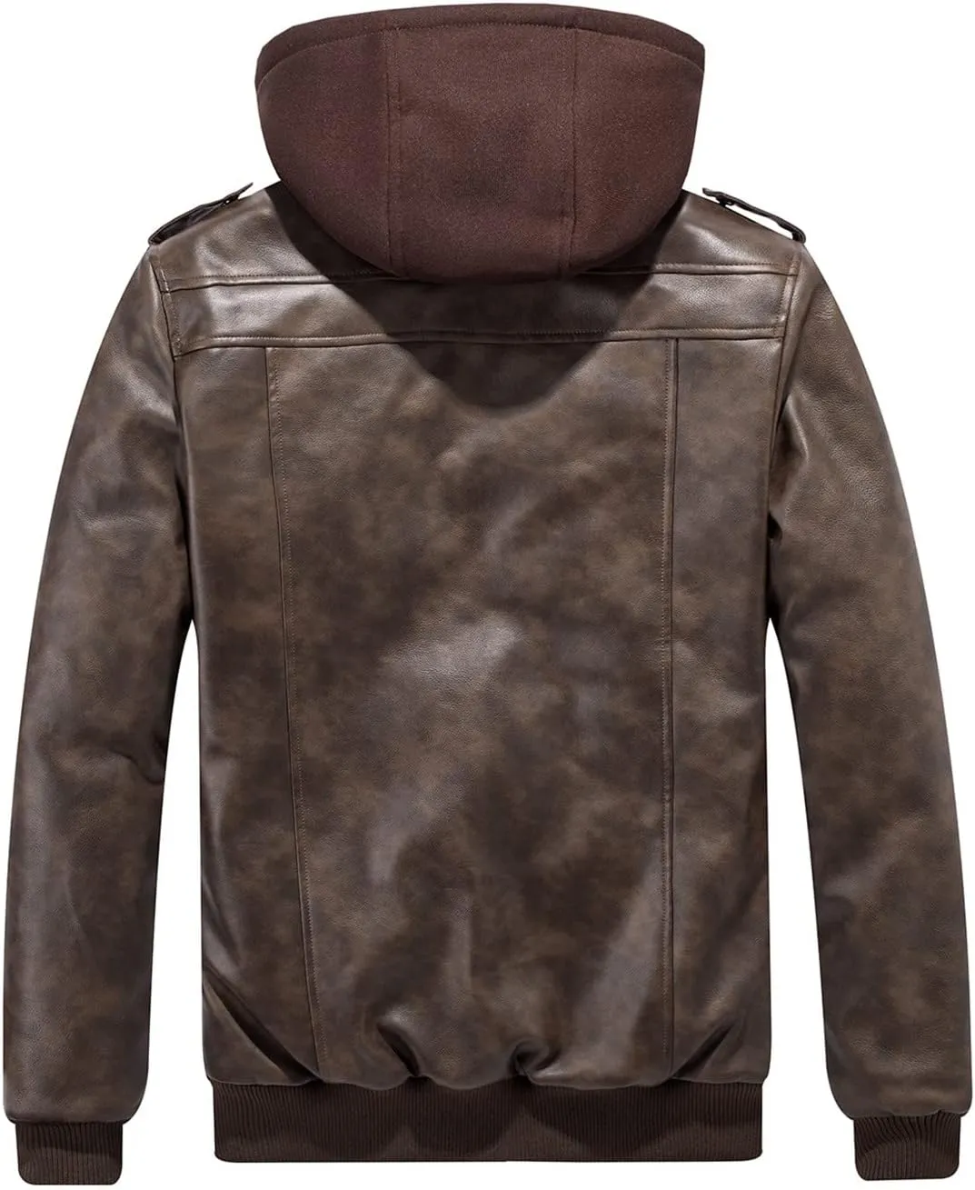 tuduoms Mens Vintage Bomber Jacket, Distressed Leather Thermal Hooded Motorcycle Jacket Casual Zip Up Pockets Anorak Jackets