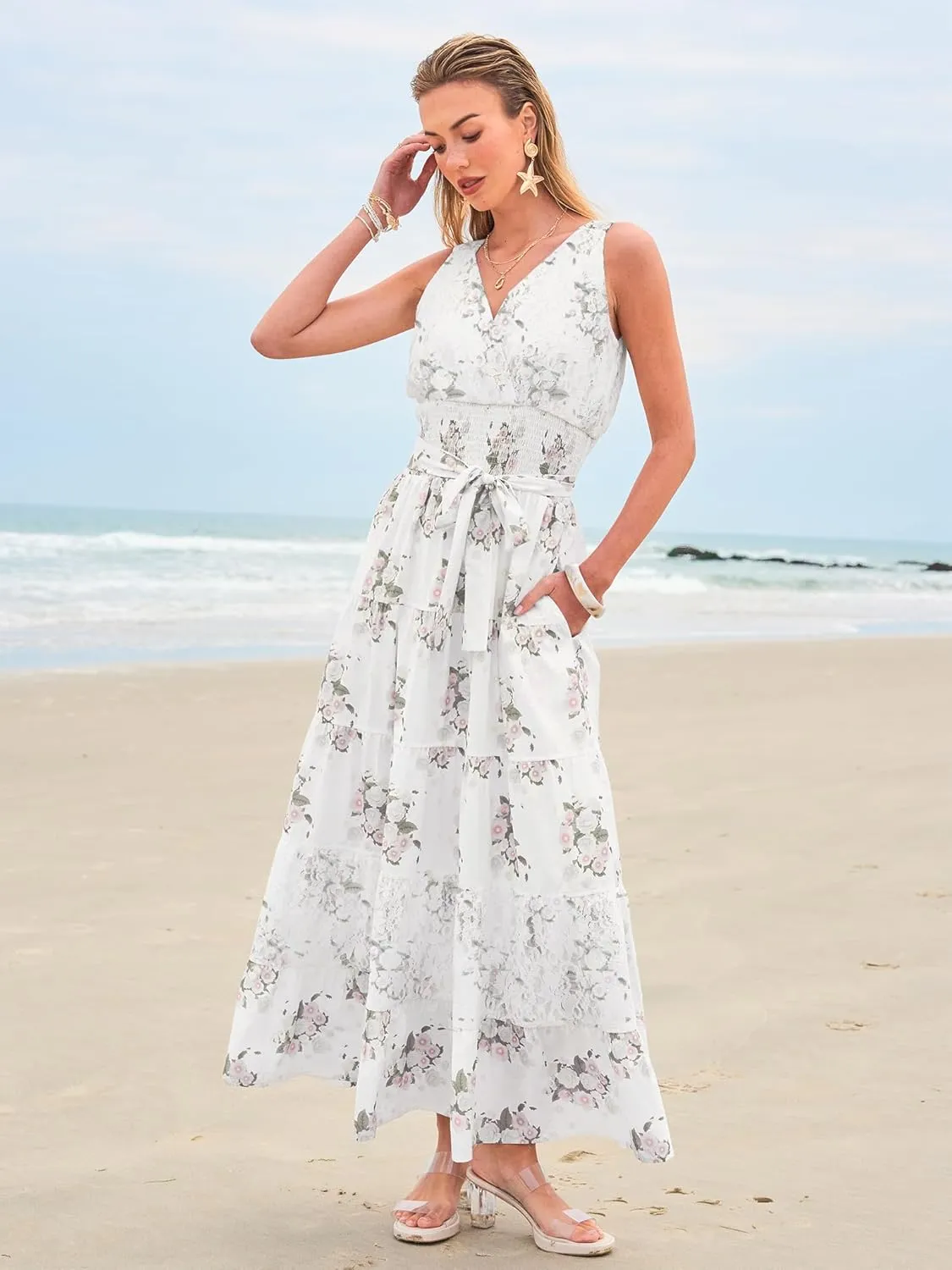 Women Sleeveless Boho Floral Maxi Dress Summer Casual Wrap Vneck Smocked Tie Flowy Ruffle Tiered Beach Long Sundress Pocket