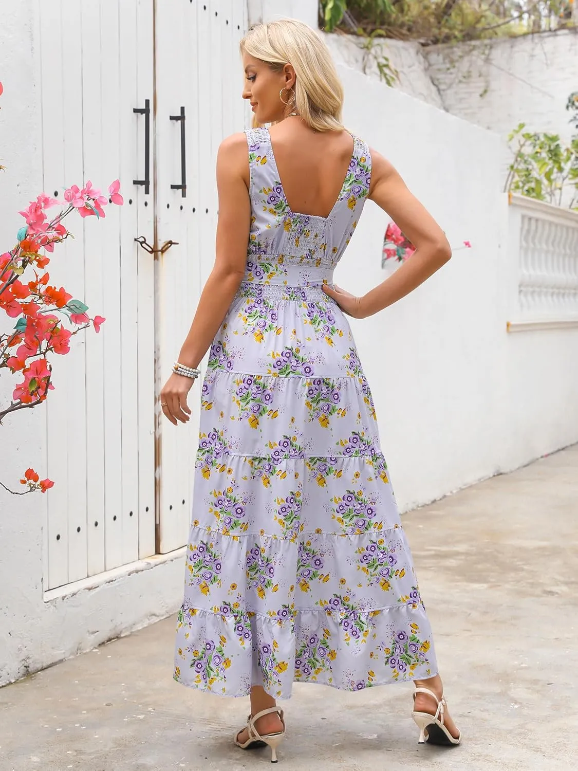 Women Sleeveless Boho Floral Maxi Dress Summer Casual Wrap Vneck Smocked Tie Flowy Ruffle Tiered Beach Long Sundress Pocket
