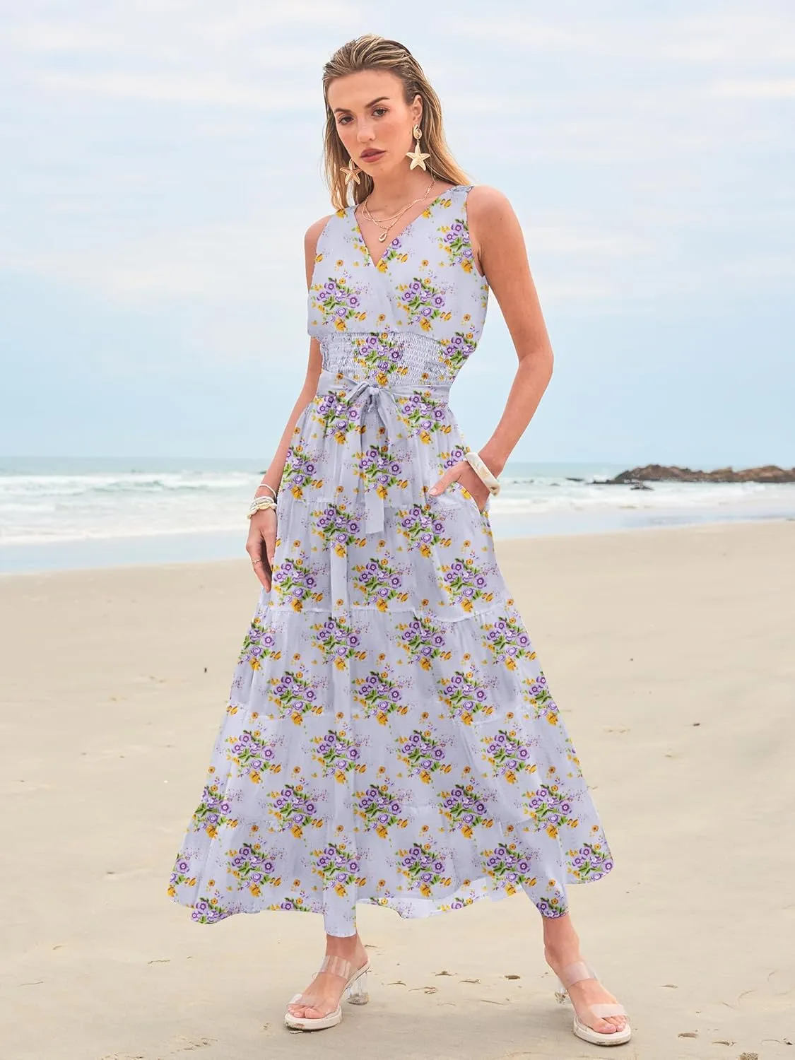Women Sleeveless Boho Floral Maxi Dress Summer Casual Wrap Vneck Smocked Tie Flowy Ruffle Tiered Beach Long Sundress Pocket