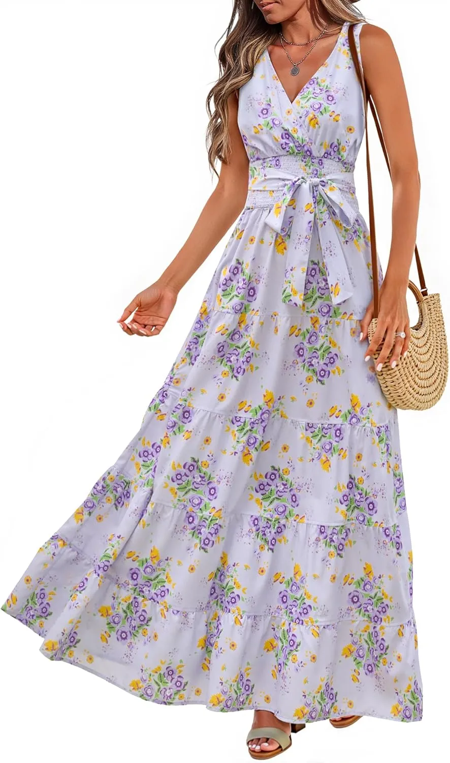 Women Sleeveless Boho Floral Maxi Dress Summer Casual Wrap Vneck Smocked Tie Flowy Ruffle Tiered Beach Long Sundress Pocket