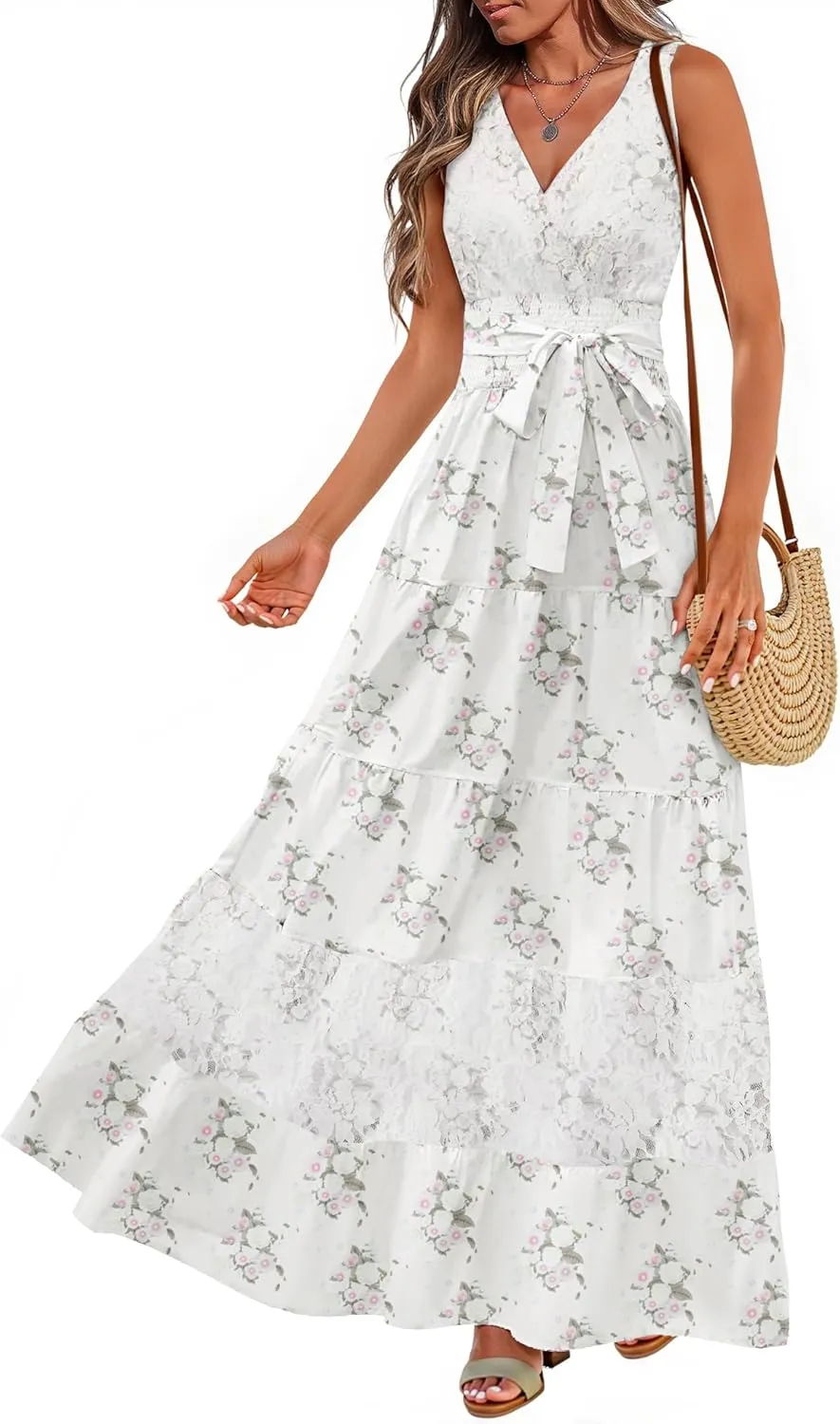 Women Sleeveless Boho Floral Maxi Dress Summer Casual Wrap Vneck Smocked Tie Flowy Ruffle Tiered Beach Long Sundress Pocket