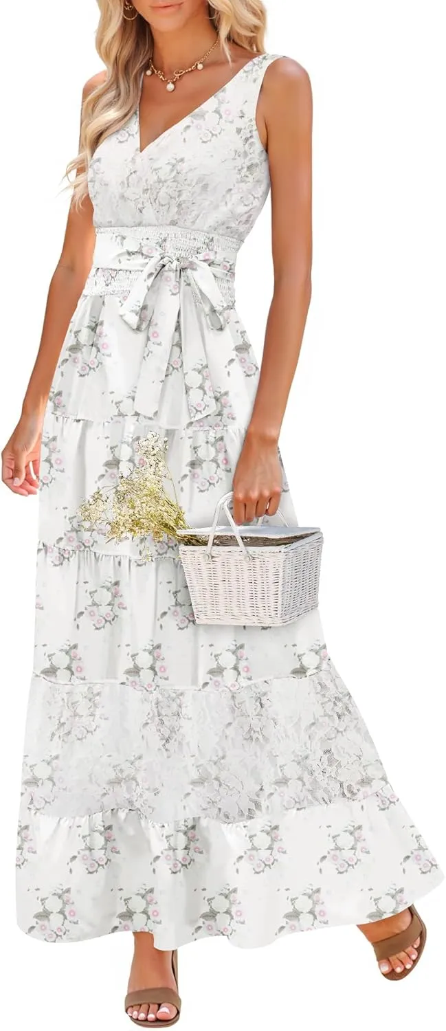 Women Sleeveless Boho Floral Maxi Dress Summer Casual Wrap Vneck Smocked Tie Flowy Ruffle Tiered Beach Long Sundress Pocket