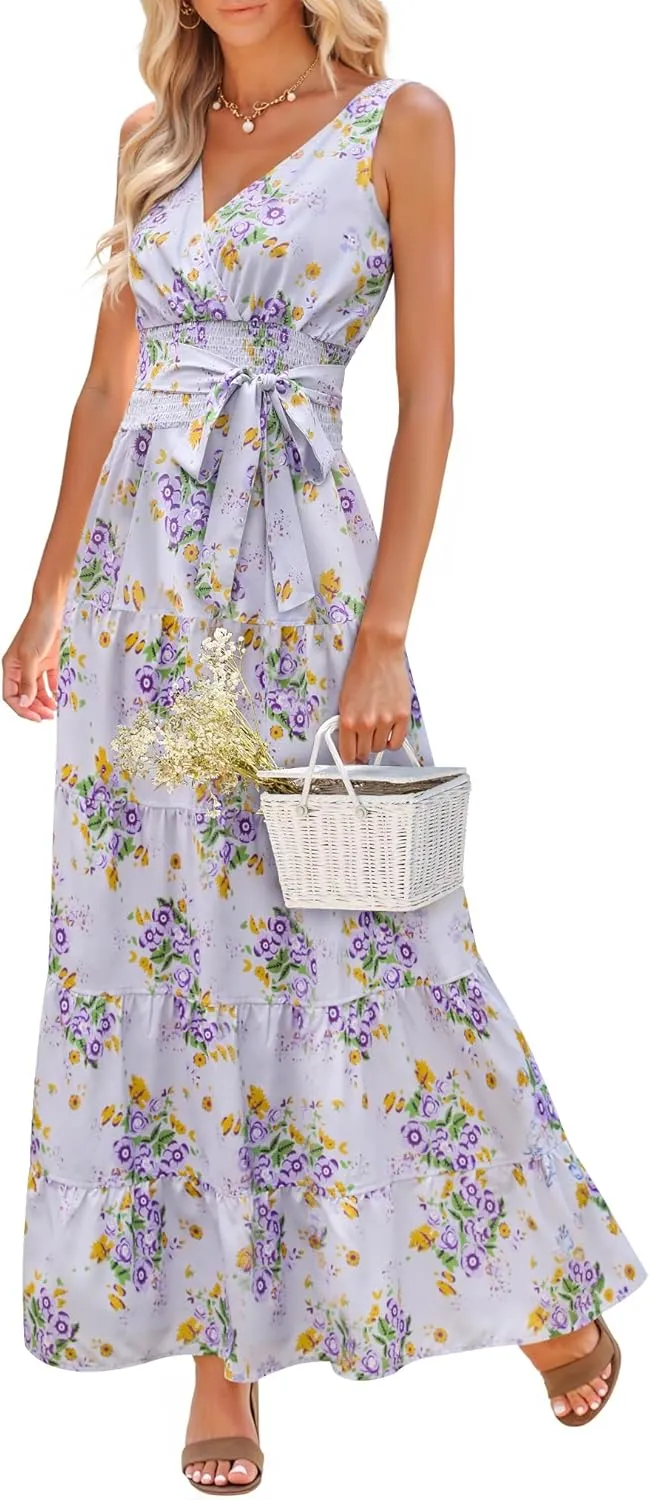 Women Sleeveless Boho Floral Maxi Dress Summer Casual Wrap Vneck Smocked Tie Flowy Ruffle Tiered Beach Long Sundress Pocket