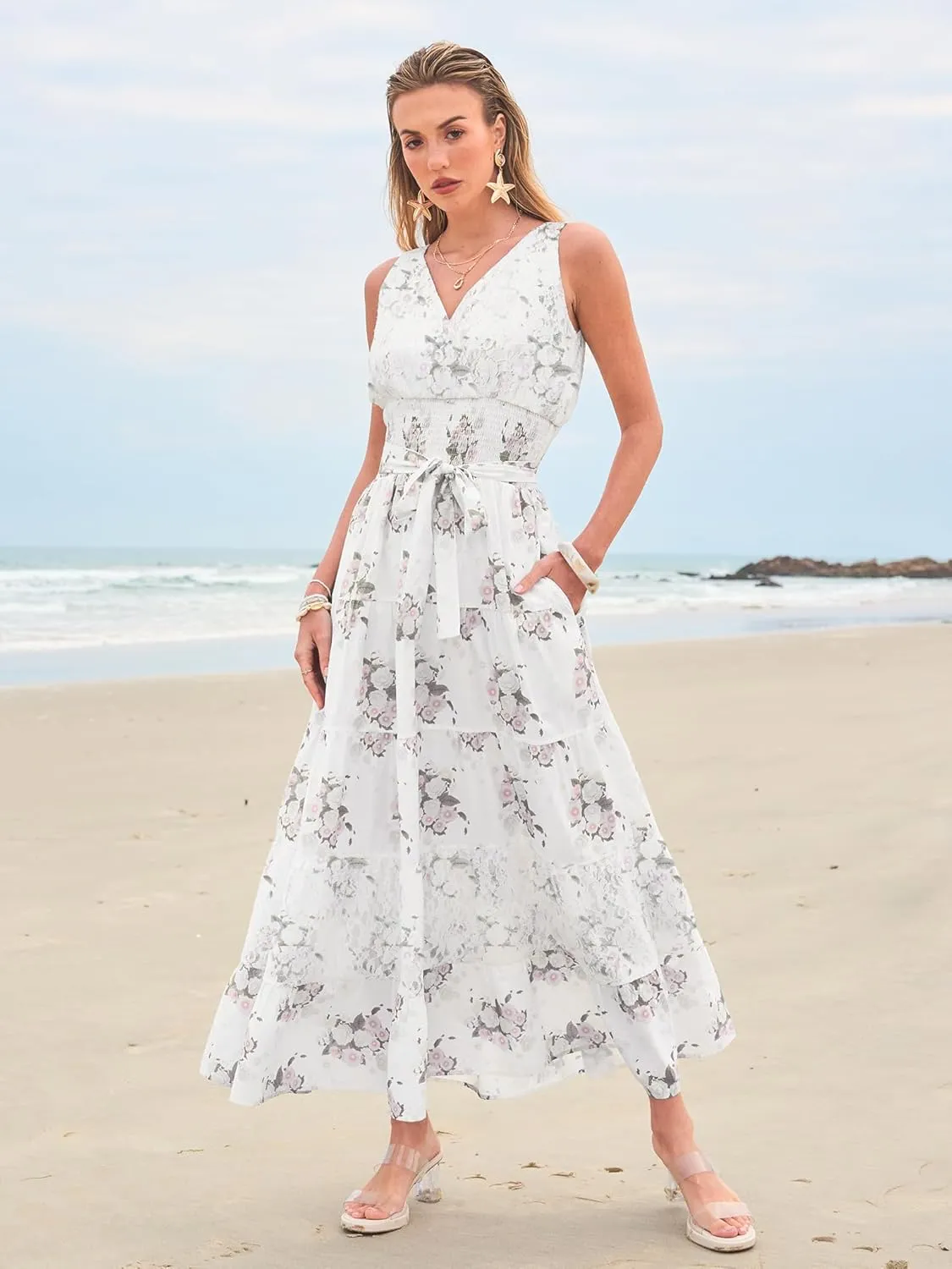 Women Sleeveless Boho Floral Maxi Dress Summer Casual Wrap Vneck Smocked Tie Flowy Ruffle Tiered Beach Long Sundress Pocket