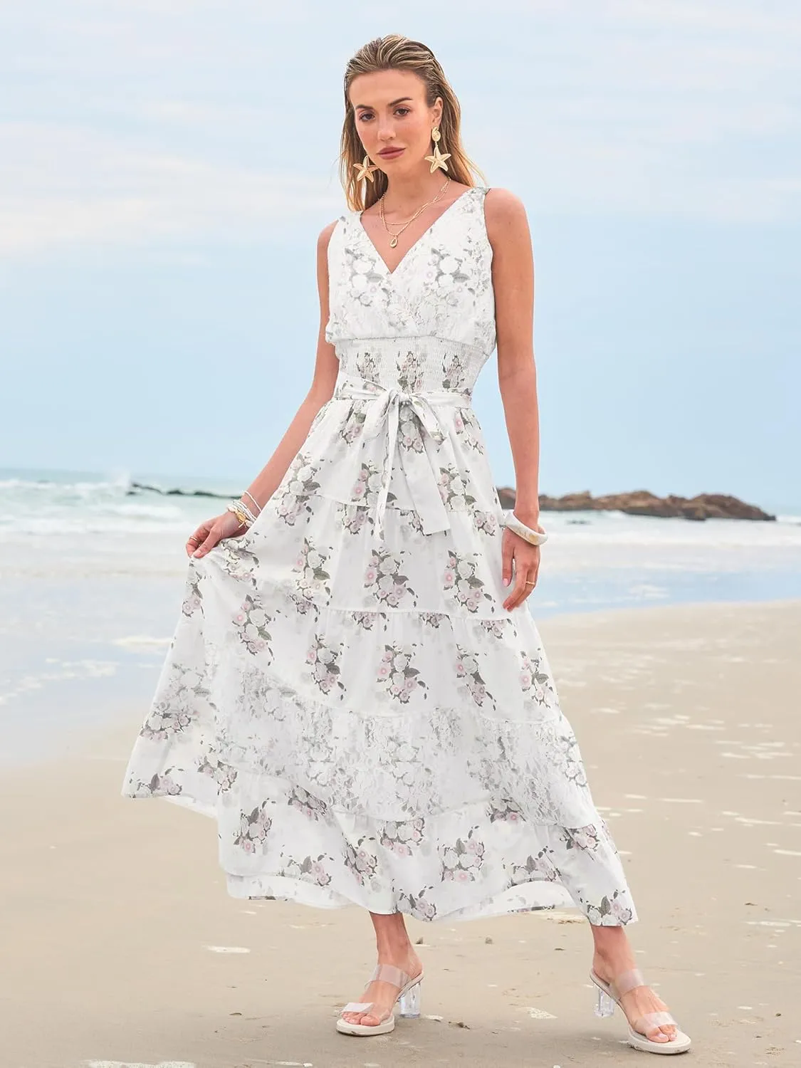 Women Sleeveless Boho Floral Maxi Dress Summer Casual Wrap Vneck Smocked Tie Flowy Ruffle Tiered Beach Long Sundress Pocket
