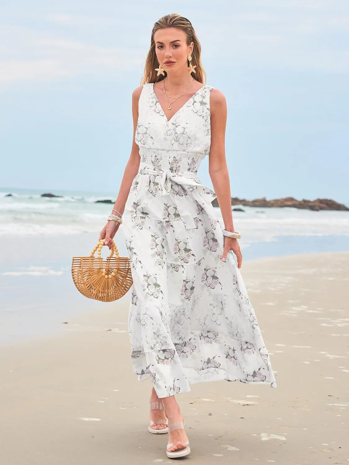 Women Sleeveless Boho Floral Maxi Dress Summer Casual Wrap Vneck Smocked Tie Flowy Ruffle Tiered Beach Long Sundress Pocket