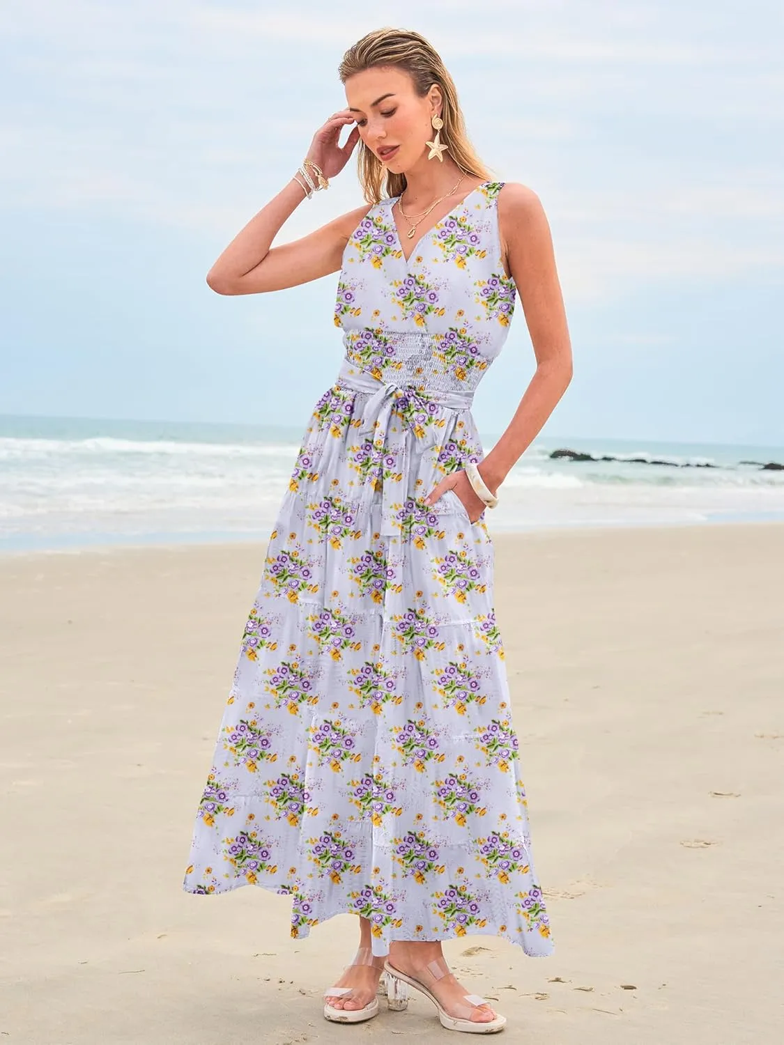 Women Sleeveless Boho Floral Maxi Dress Summer Casual Wrap Vneck Smocked Tie Flowy Ruffle Tiered Beach Long Sundress Pocket