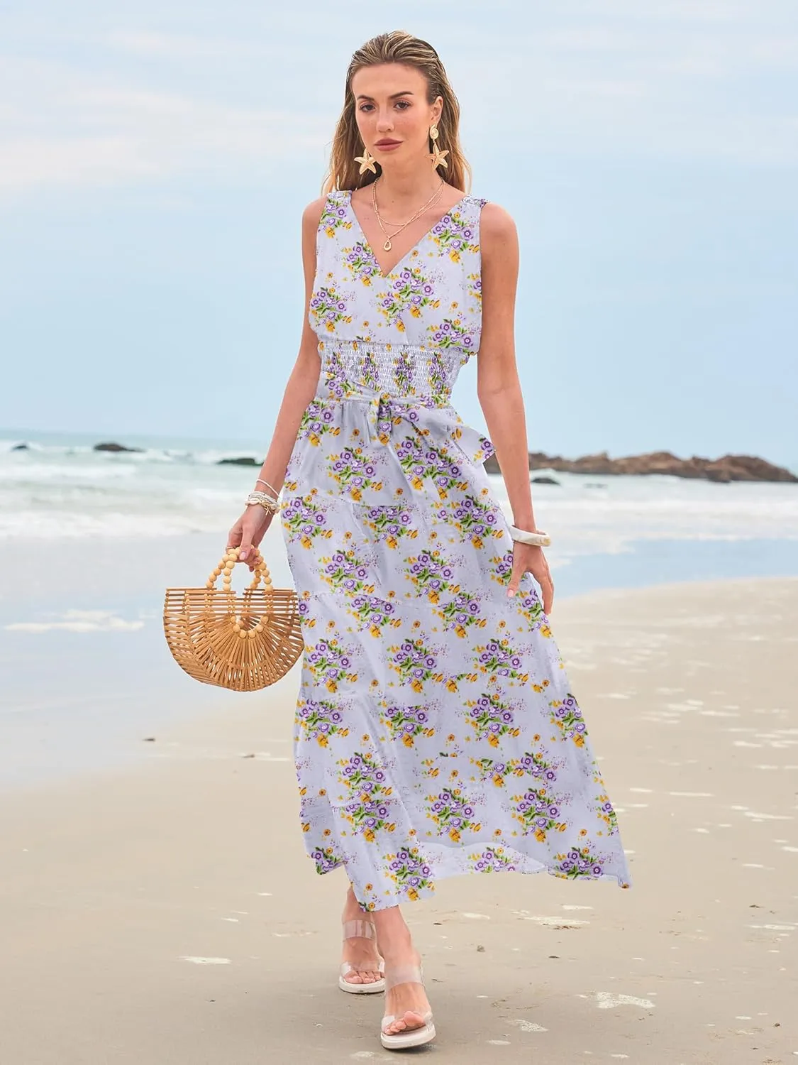 Women Sleeveless Boho Floral Maxi Dress Summer Casual Wrap Vneck Smocked Tie Flowy Ruffle Tiered Beach Long Sundress Pocket