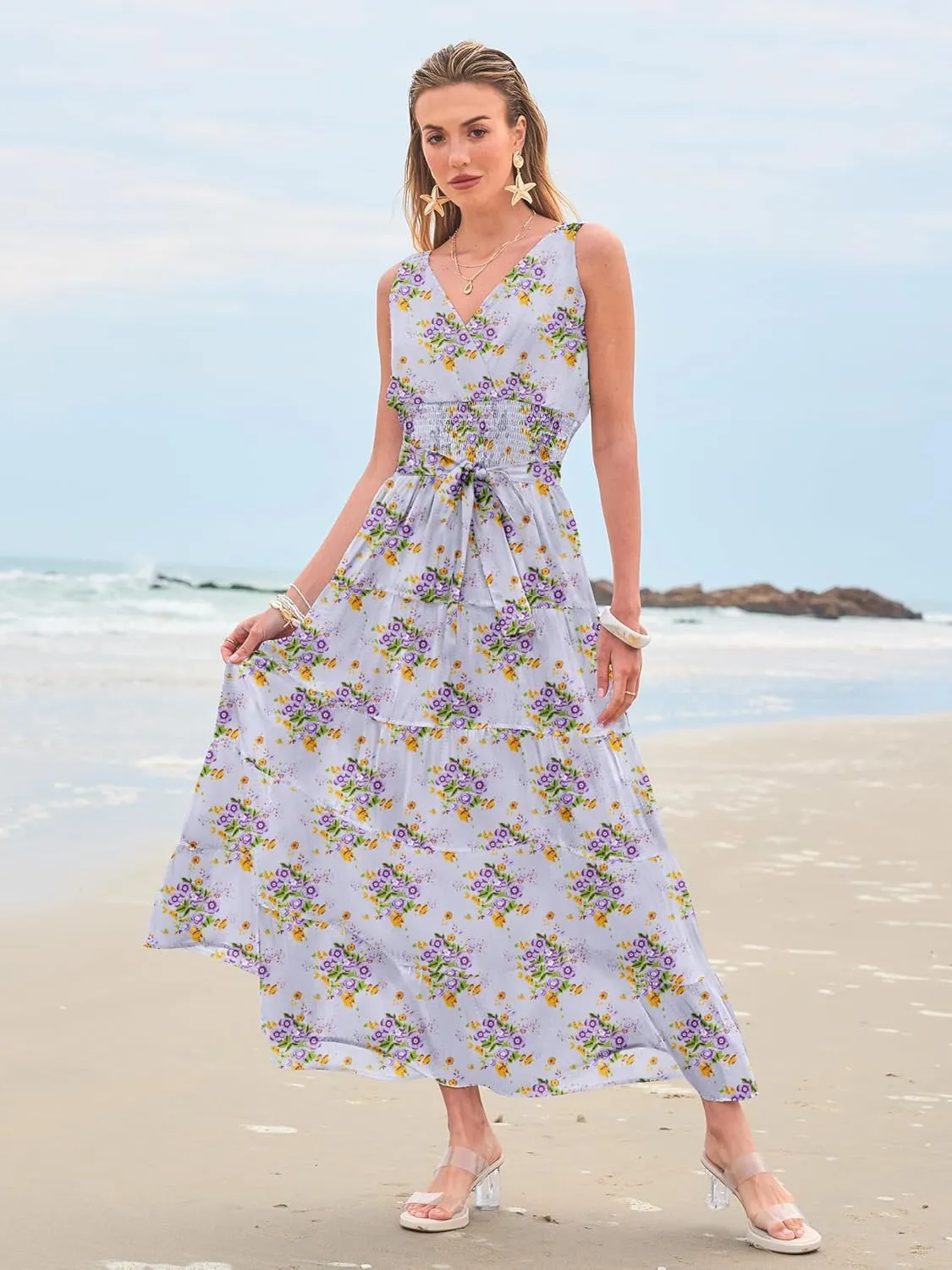 Women Sleeveless Boho Floral Maxi Dress Summer Casual Wrap Vneck Smocked Tie Flowy Ruffle Tiered Beach Long Sundress Pocket