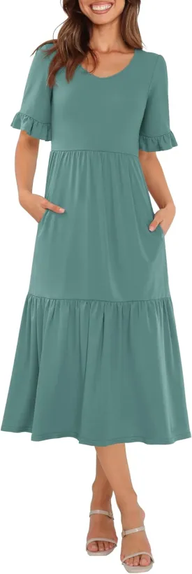 Womens Casual Summer Dress Casual Ruffle Short Sleeve V Neck A Line Flowy Tiered Beach Maxi Dresses with Pockets