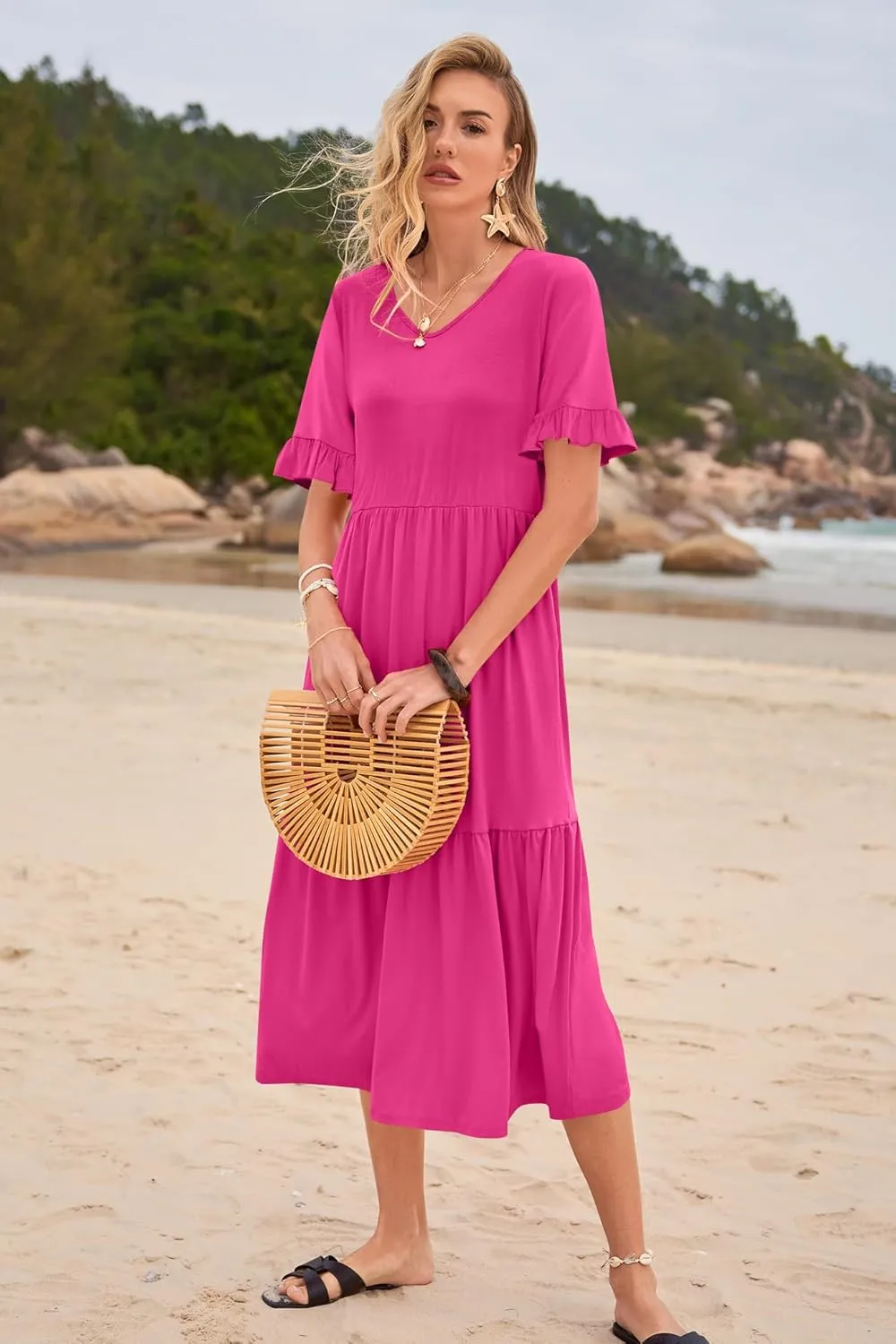 Womens Casual Summer Dress Casual Ruffle Short Sleeve V Neck A Line Flowy Tiered Beach Maxi Dresses with Pockets