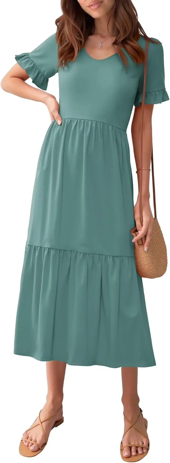 Womens Casual Summer Dress Casual Ruffle Short Sleeve V Neck A Line Flowy Tiered Beach Maxi Dresses with Pockets