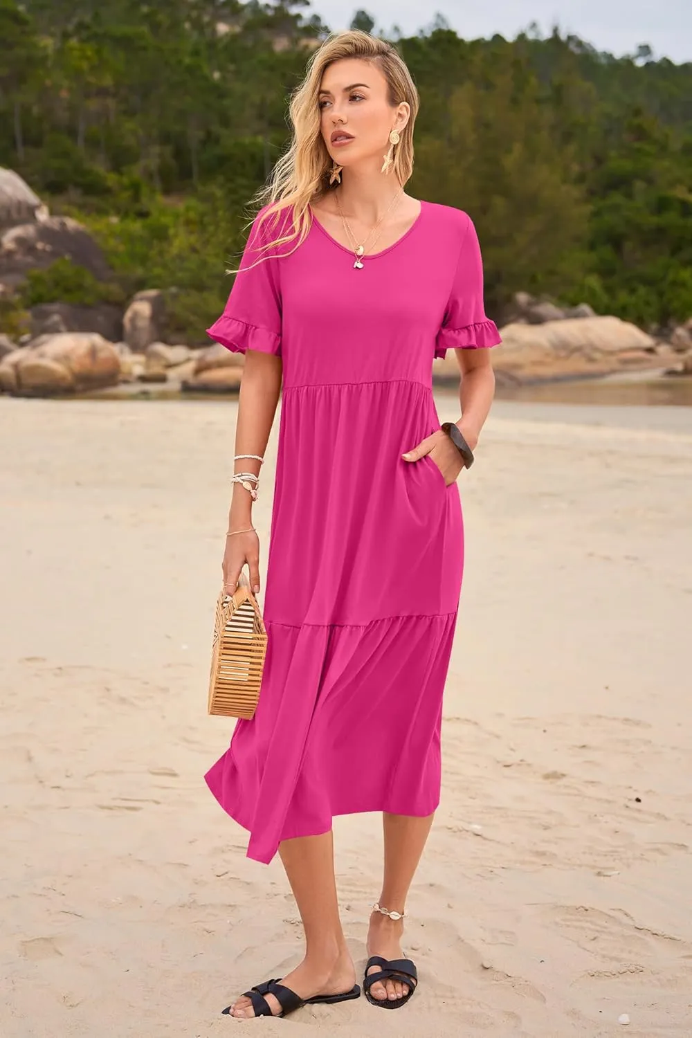 Womens Casual Summer Dress Casual Ruffle Short Sleeve V Neck A Line Flowy Tiered Beach Maxi Dresses with Pockets