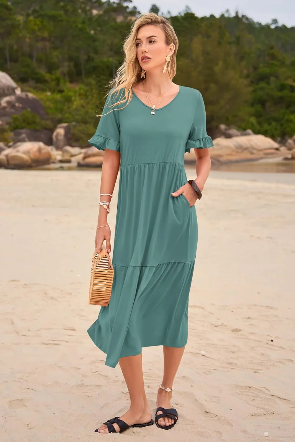 Womens Casual Summer Dress Casual Ruffle Short Sleeve V Neck A Line Flowy Tiered Beach Maxi Dresses with Pockets