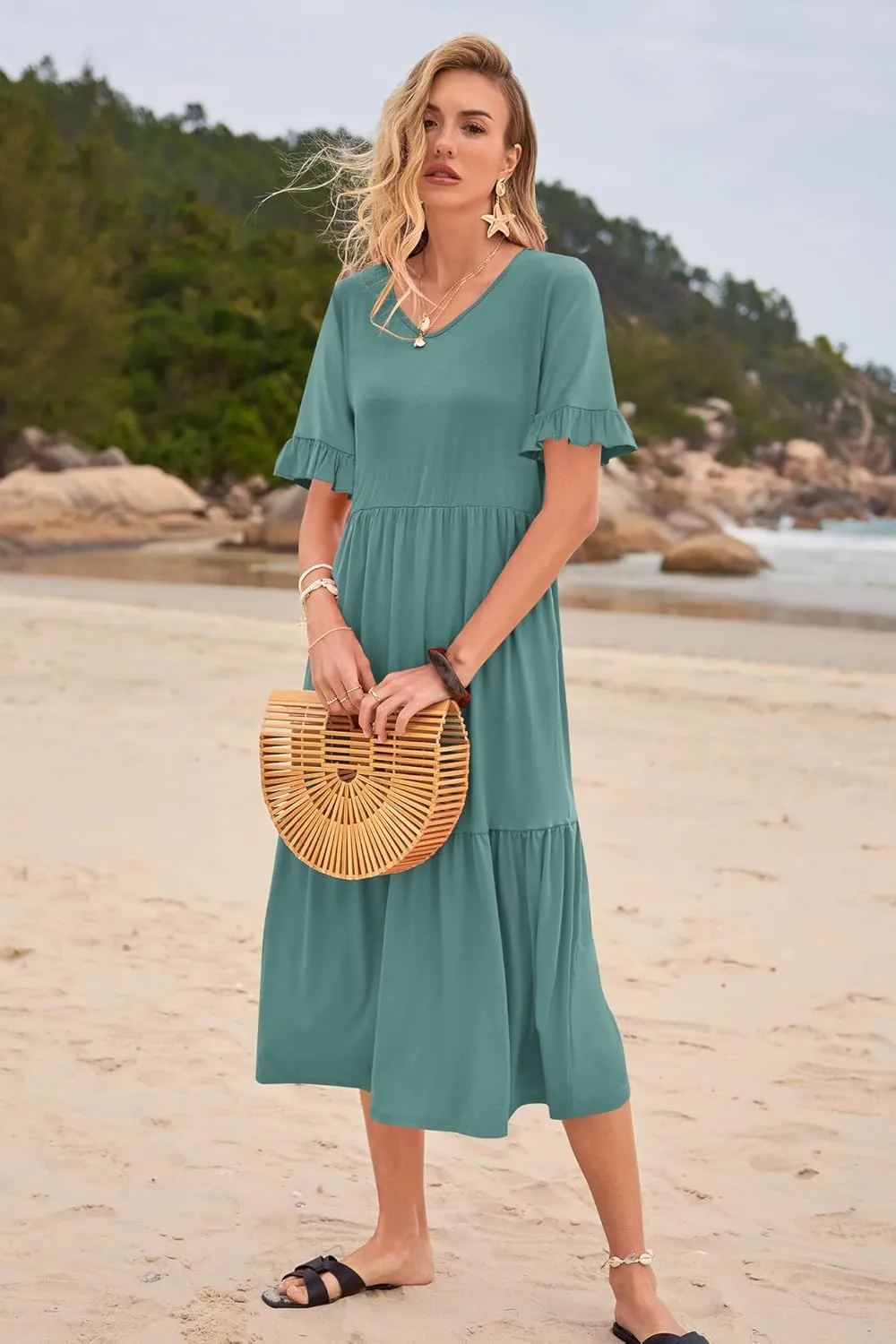 Womens Casual Summer Dress Casual Ruffle Short Sleeve V Neck A Line Flowy Tiered Beach Maxi Dresses with Pockets