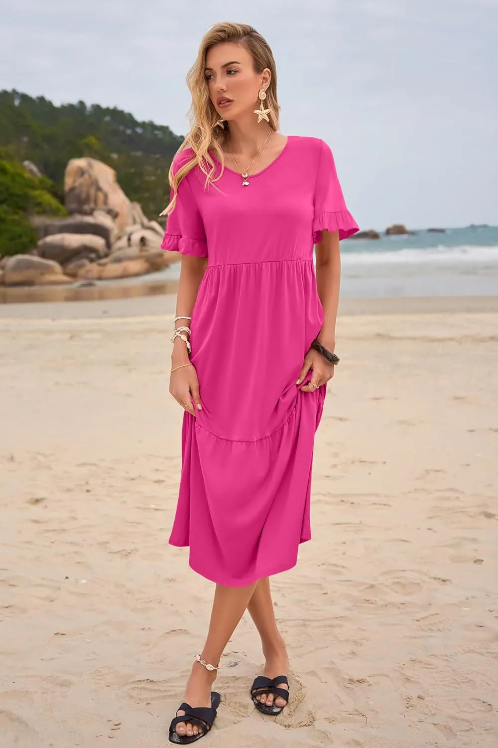 Womens Casual Summer Dress Casual Ruffle Short Sleeve V Neck A Line Flowy Tiered Beach Maxi Dresses with Pockets