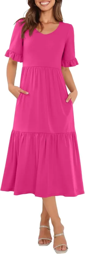 Womens Casual Summer Dress Casual Ruffle Short Sleeve V Neck A Line Flowy Tiered Beach Maxi Dresses with Pockets