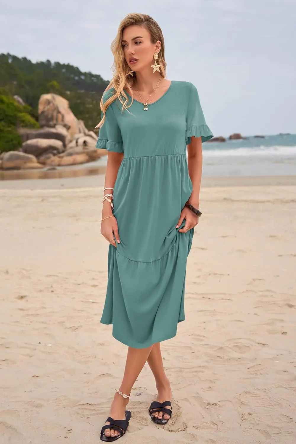 Womens Casual Summer Dress Casual Ruffle Short Sleeve V Neck A Line Flowy Tiered Beach Maxi Dresses with Pockets