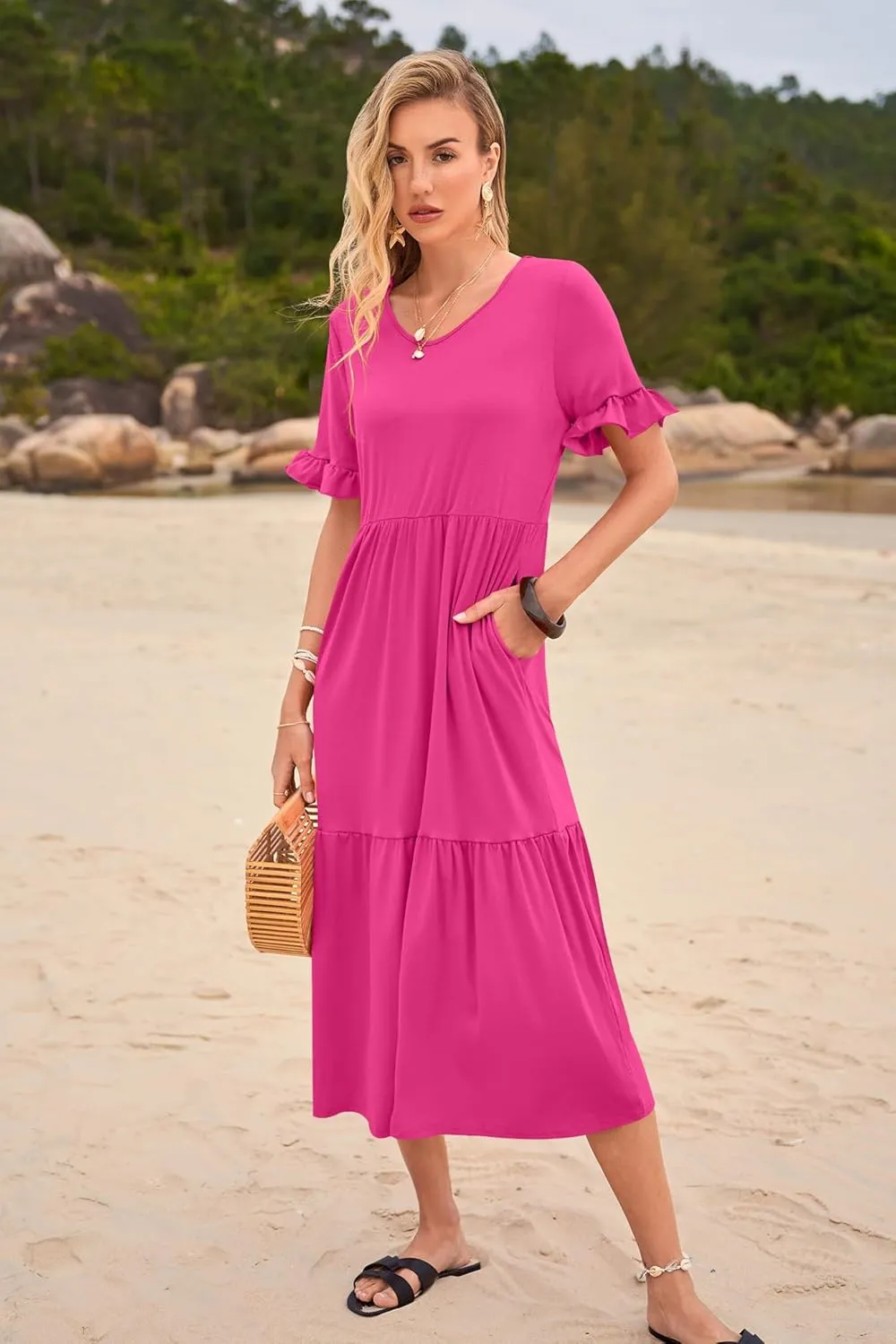 Womens Casual Summer Dress Casual Ruffle Short Sleeve V Neck A Line Flowy Tiered Beach Maxi Dresses with Pockets