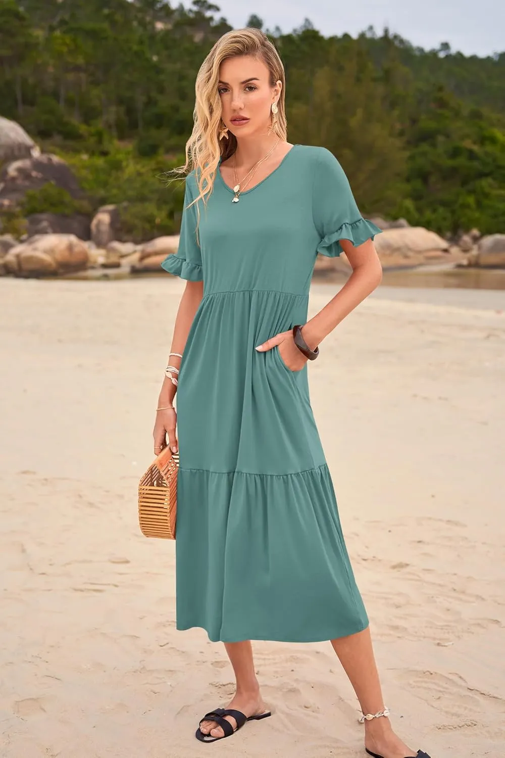 Womens Casual Summer Dress Casual Ruffle Short Sleeve V Neck A Line Flowy Tiered Beach Maxi Dresses with Pockets