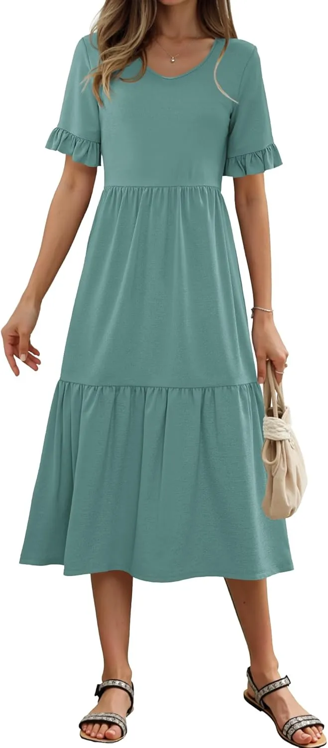 Womens Casual Summer Dress Casual Ruffle Short Sleeve V Neck A Line Flowy Tiered Beach Maxi Dresses with Pockets
