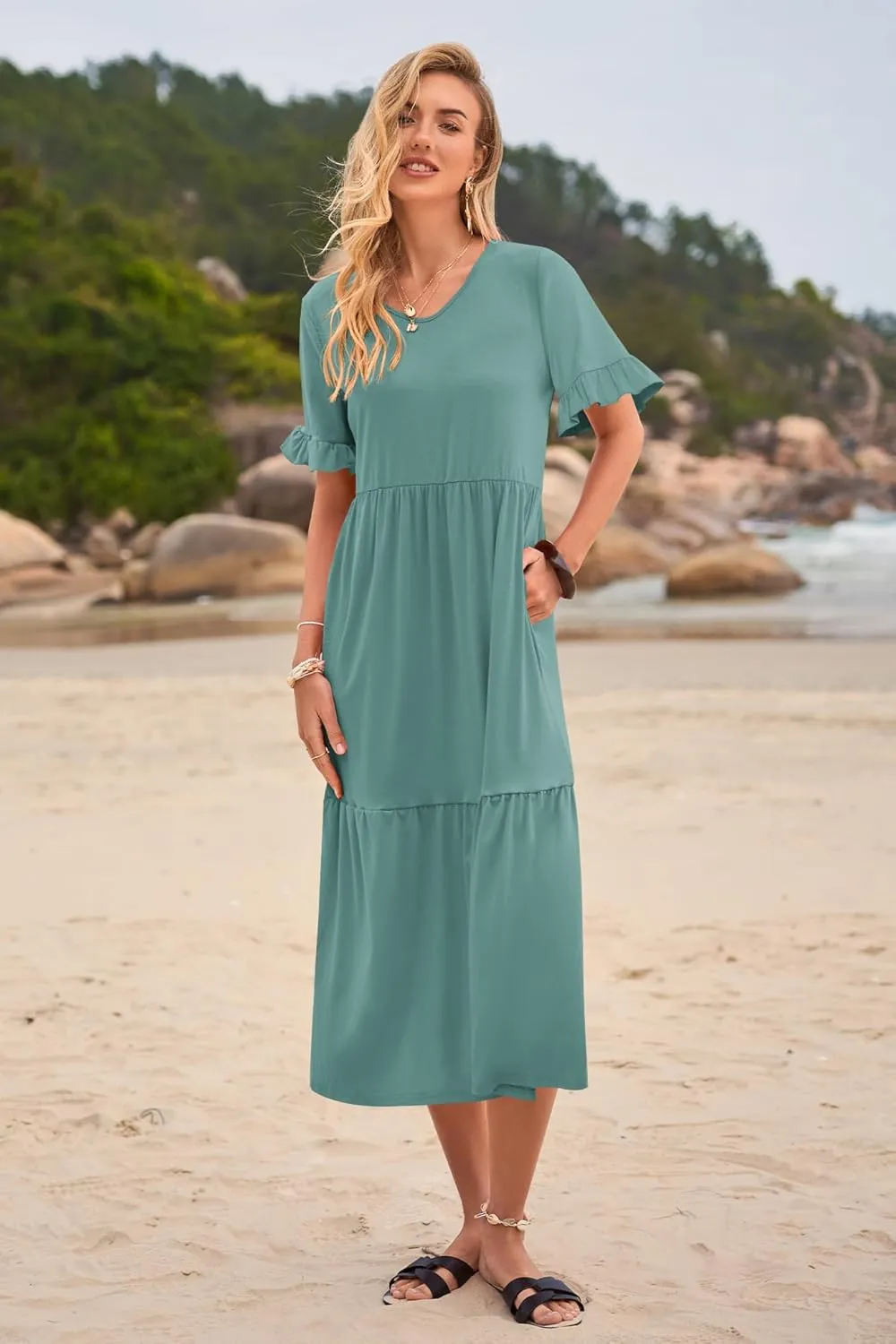 Womens Casual Summer Dress Casual Ruffle Short Sleeve V Neck A Line Flowy Tiered Beach Maxi Dresses with Pockets