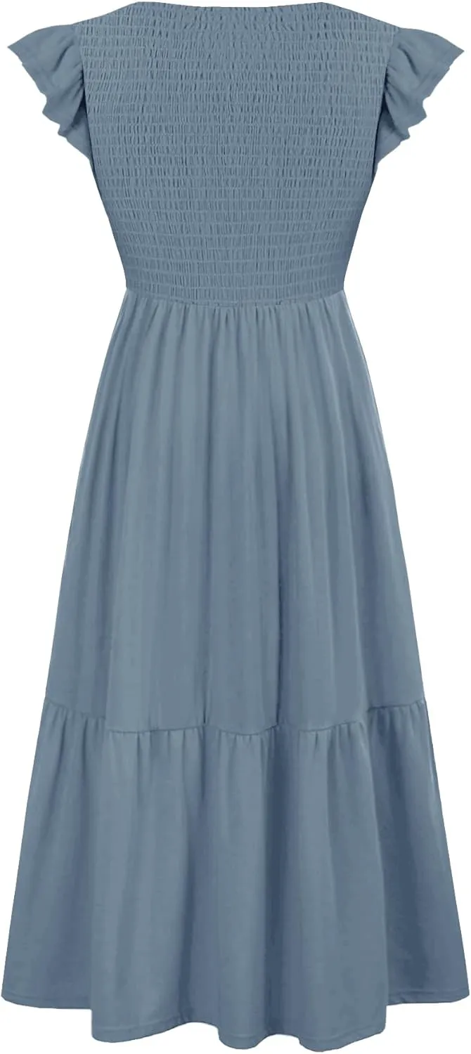 Women's Nursing Dress Flutter Short Sleeve Crew Neck Smocked Elastic Waist Tiered Midi with Pockets