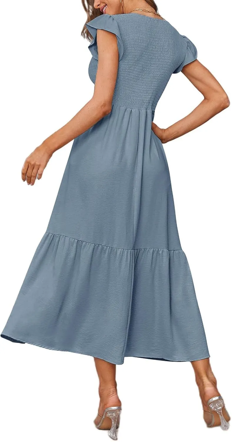 Women's Nursing Dress Flutter Short Sleeve Crew Neck Smocked Elastic Waist Tiered Midi with Pockets