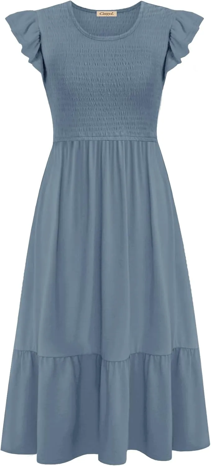Women's Nursing Dress Flutter Short Sleeve Crew Neck Smocked Elastic Waist Tiered Midi with Pockets
