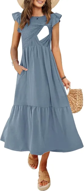 Women's Nursing Dress Flutter Short Sleeve Crew Neck Smocked Elastic Waist Tiered Midi with Pockets