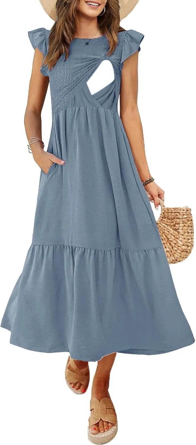 Women's Nursing Dress Flutter Short Sleeve Crew Neck Smocked Elastic Waist Tiered Midi with Pockets