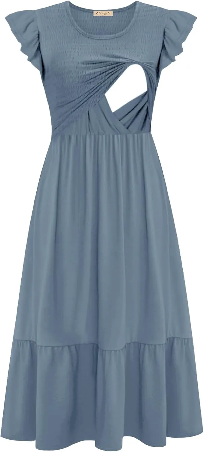 Women's Nursing Dress Flutter Short Sleeve Crew Neck Smocked Elastic Waist Tiered Midi with Pockets