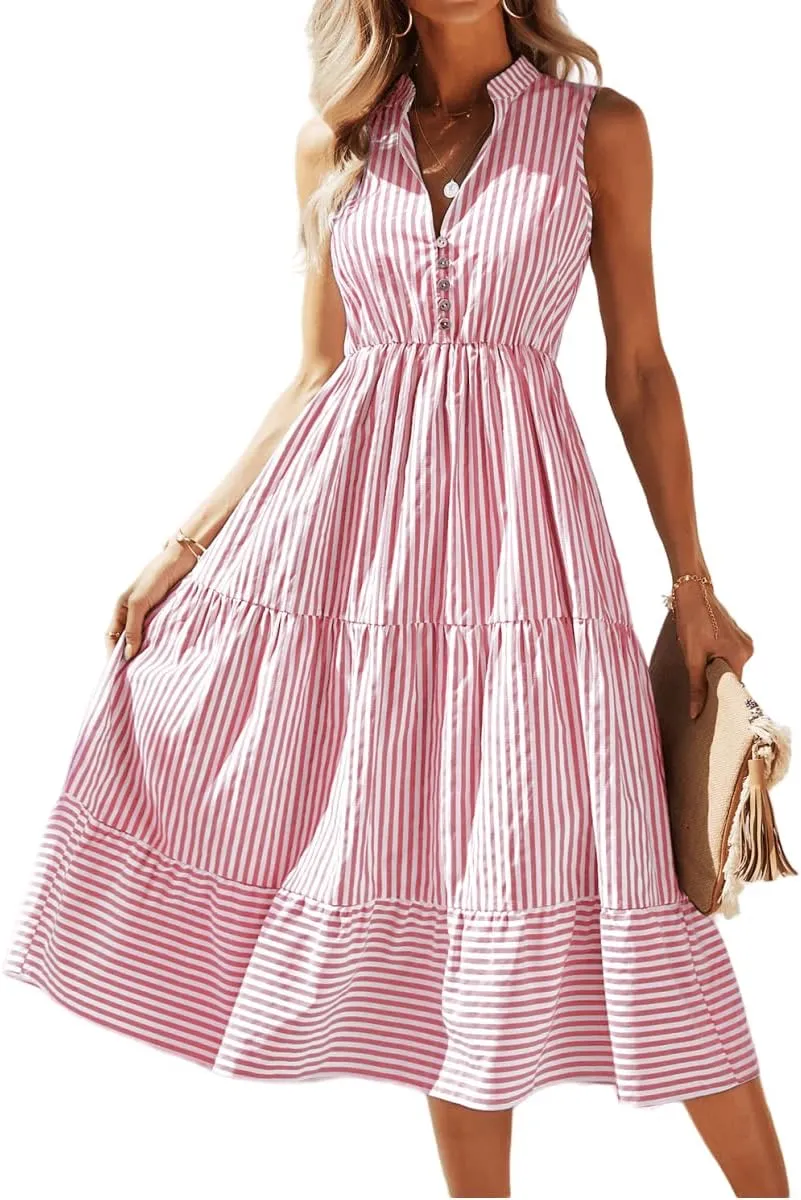 Women's Shirt Dresses Sleeveless V Neck Midi Dress Striped Pleated Ruffle Tunic Tops Casual Dress with Button