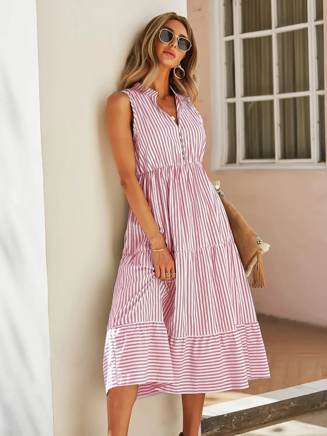 Women's Shirt Dresses Sleeveless V Neck Midi Dress Striped Pleated Ruffle Tunic Tops Casual Dress with Button
