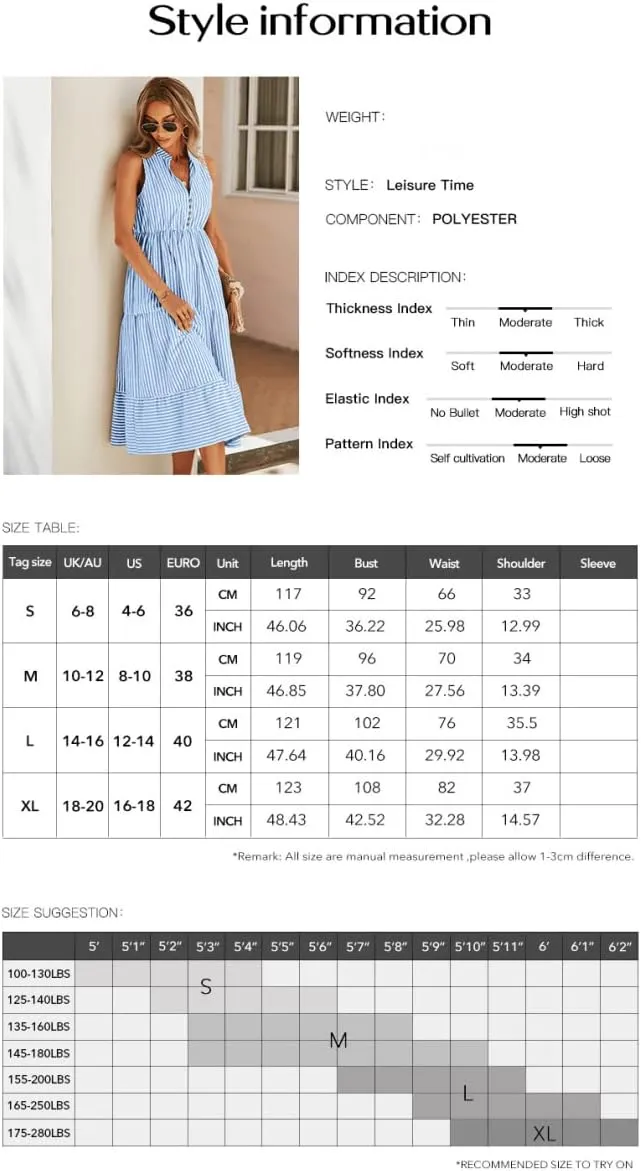 Women's Shirt Dresses Sleeveless V Neck Midi Dress Striped Pleated Ruffle Tunic Tops Casual Dress with Button