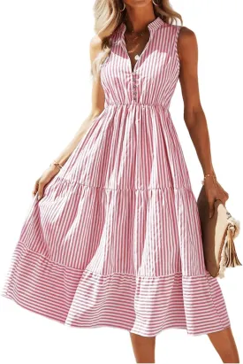 Women's Shirt Dresses Sleeveless V Neck Midi Dress Striped Pleated Ruffle Tunic Tops Casual Dress with Button Women's Shirt Dresses Sleeveless V Neck Midi Dress Striped Pleated Ruffle Tunic Tops Casual Dress with Button