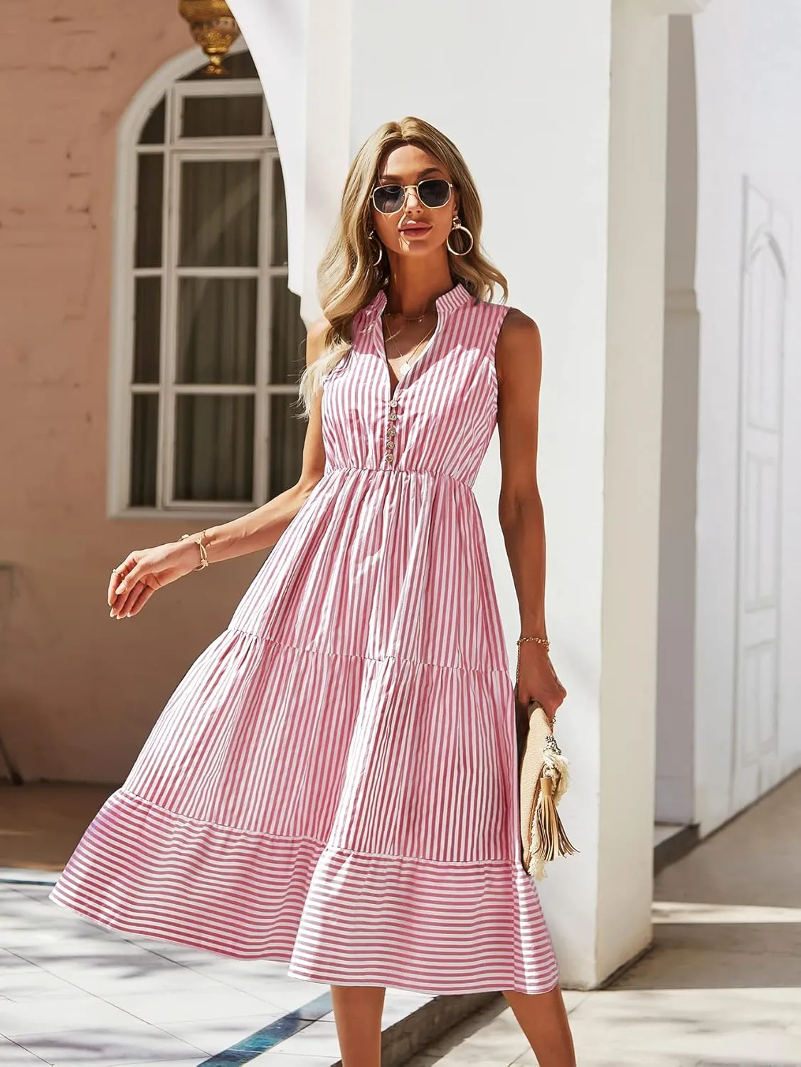 Women's Shirt Dresses Sleeveless V Neck Midi Dress Striped Pleated Ruffle Tunic Tops Casual Dress with Button